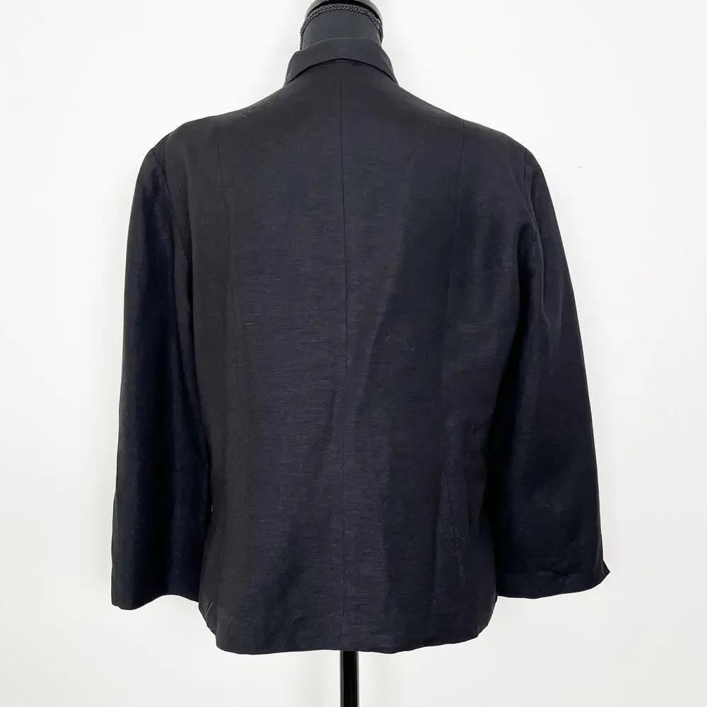 Herman Geist‎ Linen Blazer Jacket Sz10 Black Hidden Buttons Closure Professional